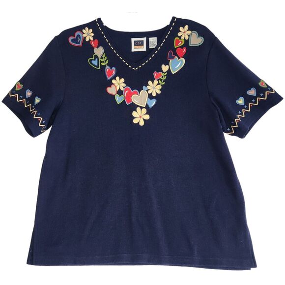 Vintage Womens Short Sleeve Embroidered Blouse Size 1X Flowers Hearts Navy Blue - Picture 1 of 8